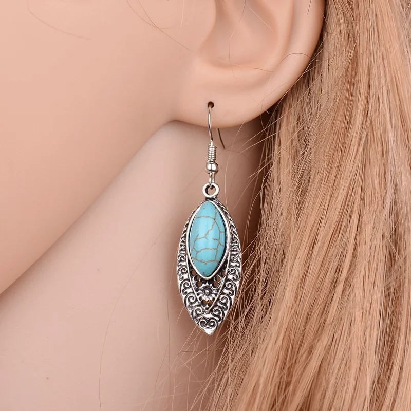 

European and American Hollow Carved National Style Earrings Earrings Vintage Carved Drop Turquoise Earrings Bohemian Turquoise