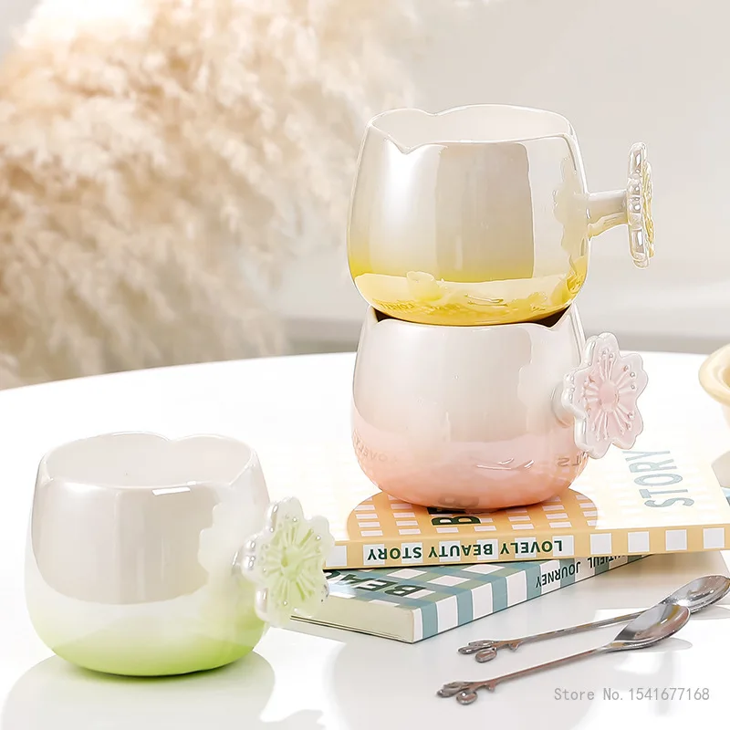 Creative Ceramic Gradient Pearl Glaze Flower Coffee Cup with Spoon Home Office Supplies High Beauty Breakfast Milk Water Mug 1Pc
