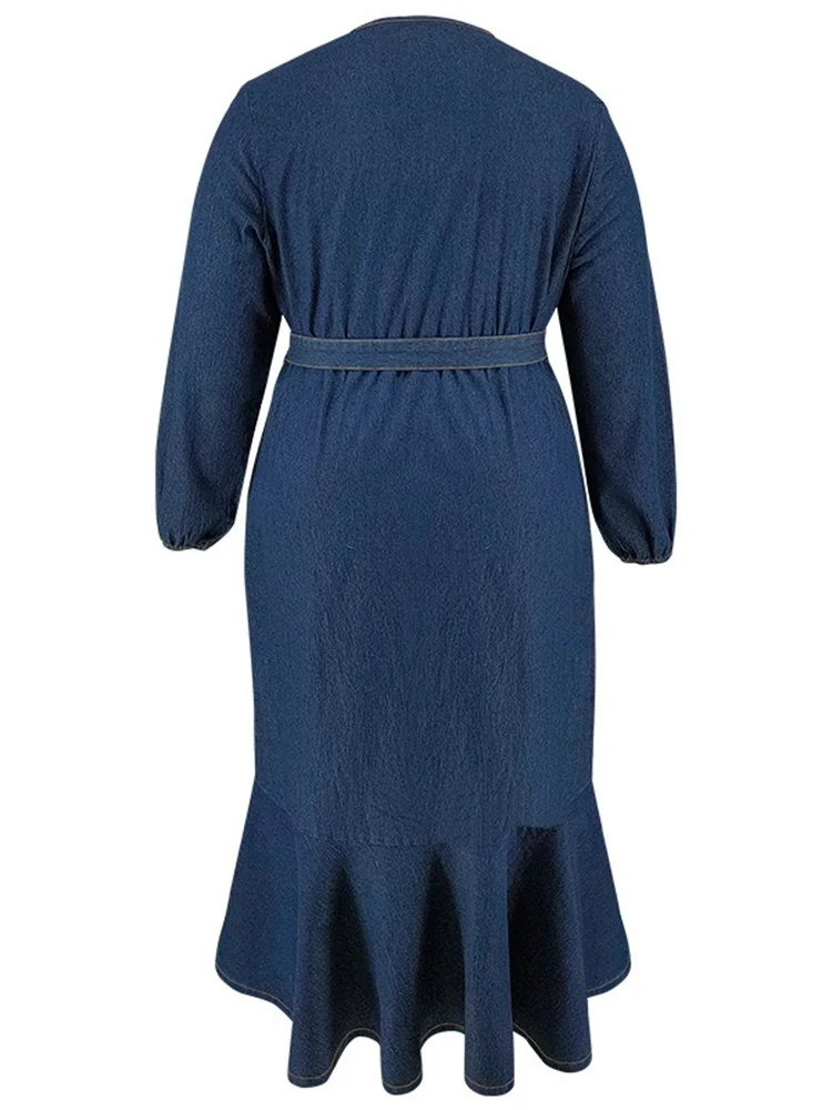 Wmstar Plus Size Autumn  Women Fashion Denim Straps Long Sleeves V Neck Irregular Long Dresses Over Size Wholesale Dropshipping