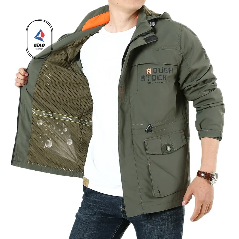 Spring Autumn Men's Jacket Trendy Sports Washable Wrinkle Resistant Windbreaker Outdoor Camping Detachable Hat Breathable Coat