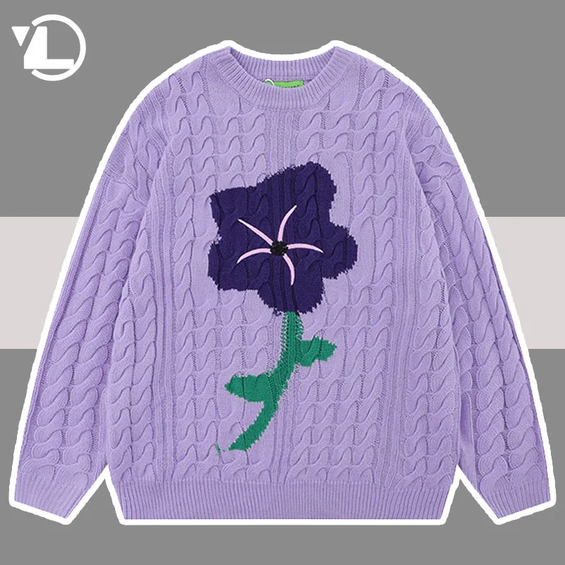 

Harajuku Knitted Sweater Men Women Hip Hop Vintage Floral Print Oversize Pullovers Unisex Autumn High Street Casual Cute Jumper