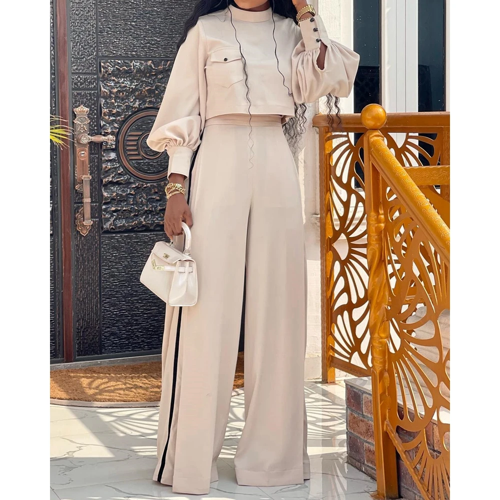 Women Lantern Long Sleeve Pocket Top & High Waist Wide Leg Pants Set Elegant Fashion Korean Style Two Pieces Sets y2k Outfits