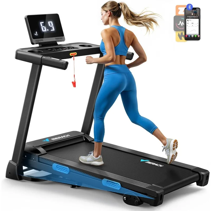 MERACH Foldable Treadmill, 7.5MPH Quiet Treadmills with Double Deck Technology, 4 Silicone Shock Cushion, Heart Rate Monitoring