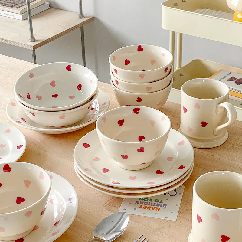 Heart-shaped Ceramic Dinnerware Set Dinner Plate Rice Salad Bowl Coffee Mug Japanese Love Warm Gift for Valentine day Ceramic Tableware Set