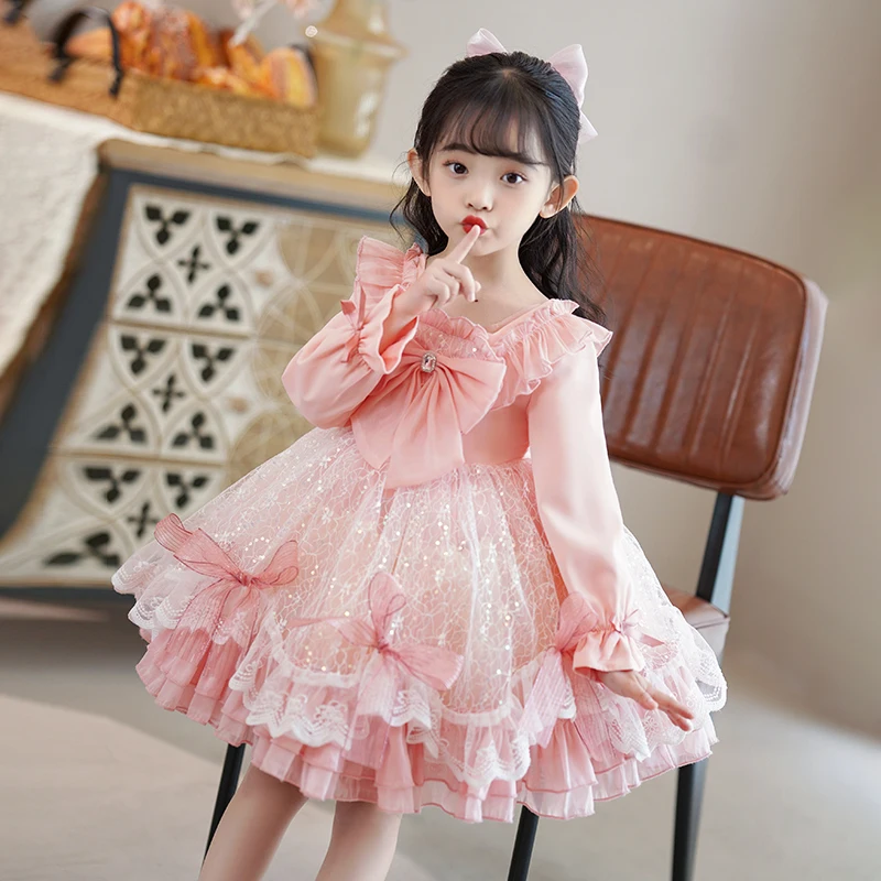 

1-9T Girls Princess Dress Long Sleeve Square Collar Dress for Kid Girl Elegant Casual Children Evening Party Dress for Girl