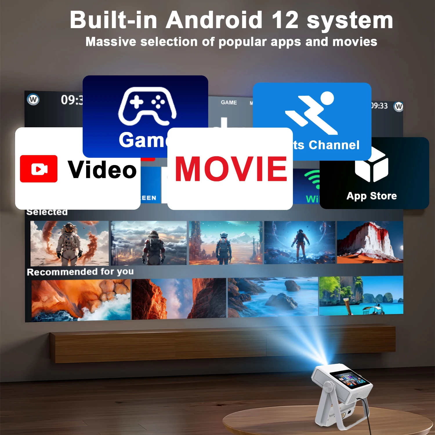 휴대용 홈 시네마 프로젝터 1080P 4K 터치 컨트롤 무선 리모컨 iOS 안드로이드 미러링 침실 천장 시청