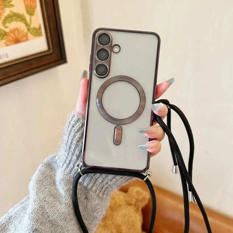 Magnetic Transparent Plating Crossbody Lanyard Phone Case with MagSafe