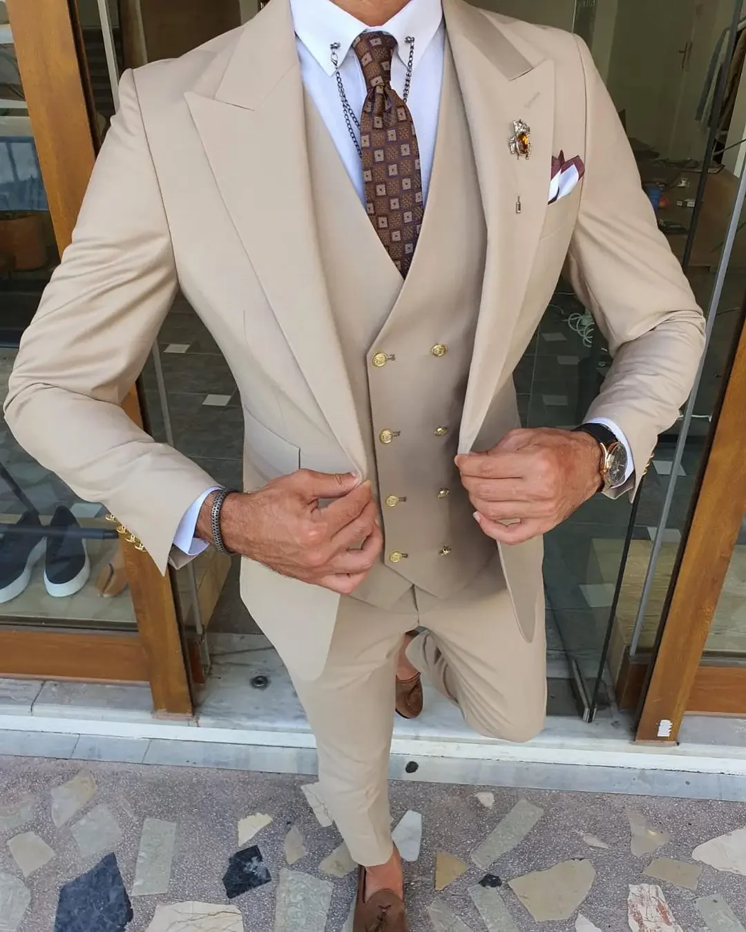 2024 Elegant Khaki Business Men Suit Beach Wedding 3 Piece (Jacket+Pants+Vest) Prom Blazer Party Evening Classic Set Custom Made