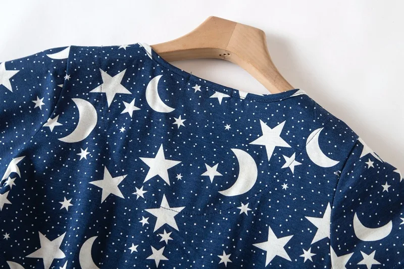 Sexy Nightwear Women with Star Moon Pattern Cotton Loungewear Round Neck Laides Sleepwear Girl Pajamas Dress Nightgown Big Size
