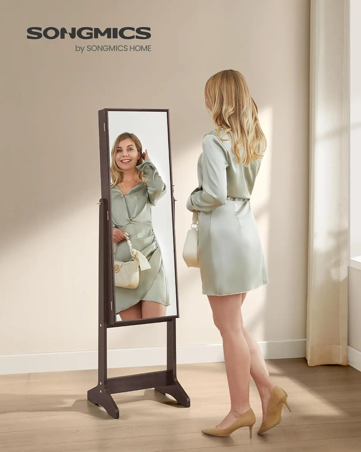 Full-Length Mirror Jewelry Cabinet with Lock, Velvet Lining, and Ample Storage - Brown and Black 2