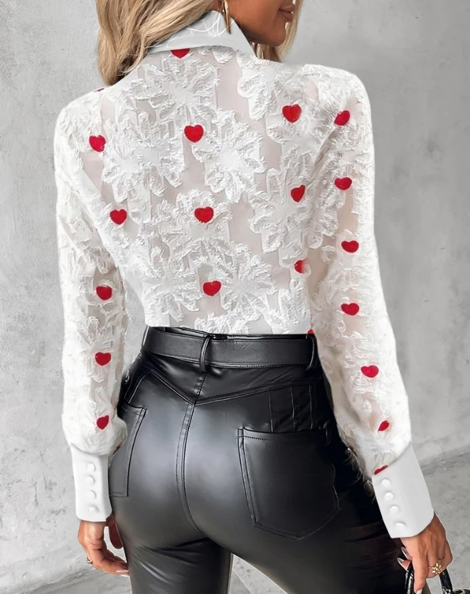 Women Shirts and Blouses Heart Print Spring Top New Elegant Turn-Down Collar Casual Long Sleeved Fluffy Patchwork Buttoned Shirt