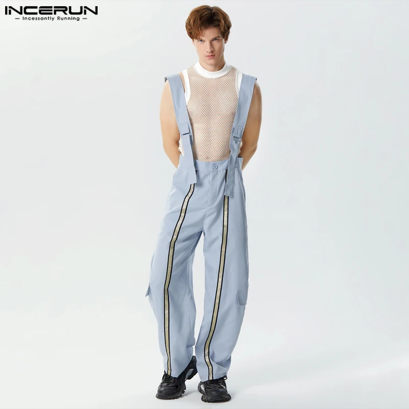 

INCERUN Men's Jumpsuits Patchwork Loose Joggers Casual Straps Rompers Streetwear 2024 Pockets Fashion Cargo Overalls Pants Men