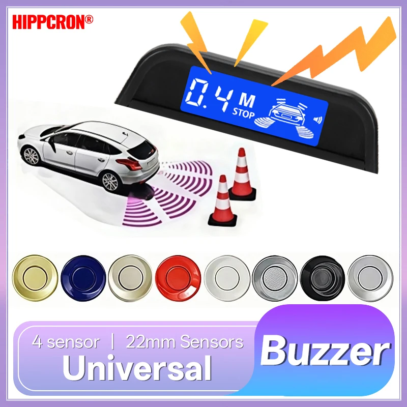 HIPPCRON Auto-Einparksensor-Set mit Eingebautem Summer LCD-Bildschirm 12V Universal Akustischer Alarm 4 Sensoren 22mm Schwarz Rückfahrradar