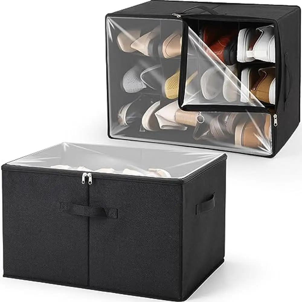 

Closet Shoe Storage Organizer 2-Pack Large Box Containers Clear Cover Adjustable Dividers Foldable Linen Fabric Handles Organize