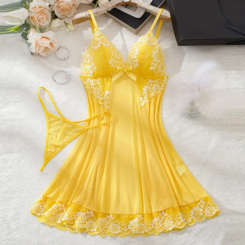 2 Piece Transparent Set Lace Bra Slim Nightgown Set With Thong Erotic Lingerie Pajamas Plus Size Porno Night Dress Sexy Babydoll_voghion.com
