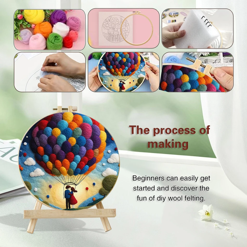 GATYZTORY DIY Wool Painting Kit With Frame Felting Needles Handmade Picture Kit Hot Air Balloon For Home Decors Crafts Gift needle felt kit,wool felting needles,needle felting wool,wool felting kit