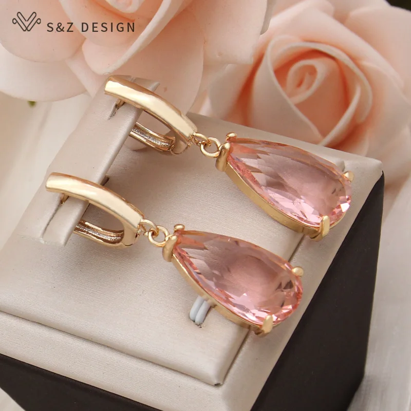 S&Z DESIGN New Fashion Water Drop Cubic Zirconia Dangle Earrings Jewelry Sets For Women Girls Party Necklace Pendant