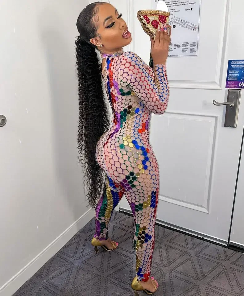 Stage Outfit Mirror Rhinestones Transparent Jumpsuit Long Sleeve Birthday Prom Party Dress  Dancer Show Outfit Stage Wear