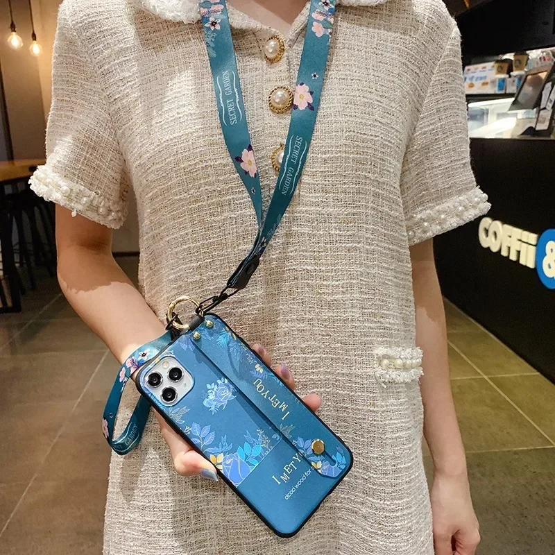Floral Leaf Lanyard Phone Case with Wrist Strap Holder