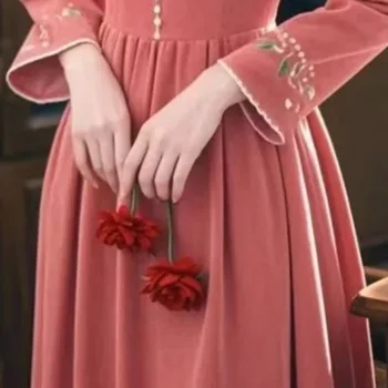 OCEANLOVE Pink Velvet Women Dresses Autumn Winter Palace Style Elegant Vestidos Mujer Vintage Fashion Sweet Long Dress 4