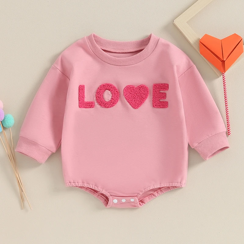

Valentine's Day Infant Baby Girls Rompers Clothing Fuzzy Letter Heart Embroidery O-neck Long Sleeve Sweatshirts Jumpsuits