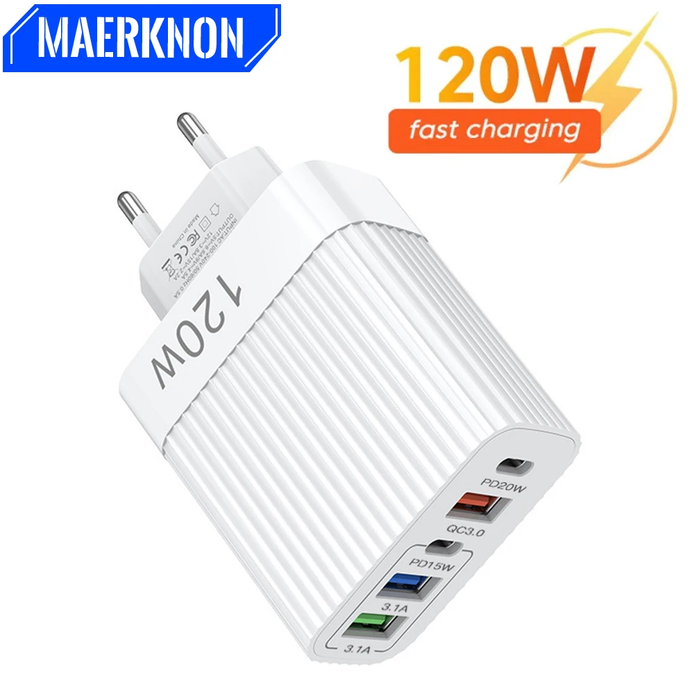 5 Ports 120W USB Charger Fast Charging Type C Phone Charger Power Adapter For iPhone 15 Samsung Xiaomi Huawei USB C Wall Charger