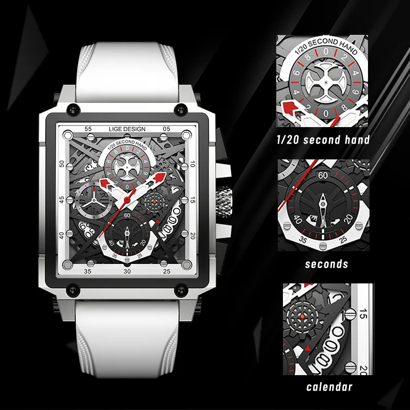 LIGE Sport męski zegarek wojskowy moda kreatywny Hollow kwadratowy zegarek mężczyźni Casual automatyczna data wodoodporny chronograf świecący
