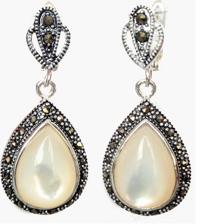 unique lady's 925 Silver Natural White Sea Shell Marcasite Waterdrop Earrings 11/2