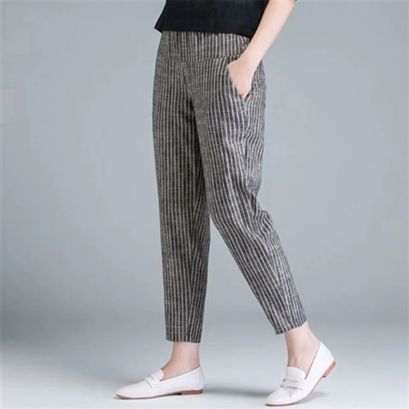 Female Clothes Cotton Linen Striped Harem Pants Women High Waist Casual Straight Pants Ladies Simple All-match Trousers