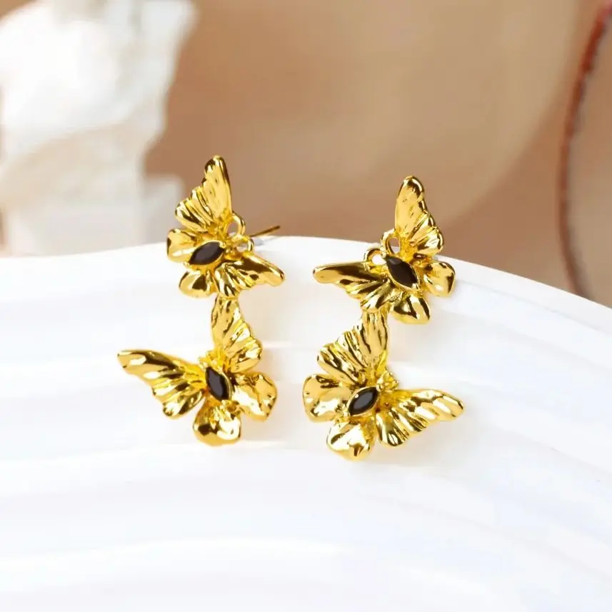 Zircon Butterfly Earring For Women Gold Color Stainless Steel