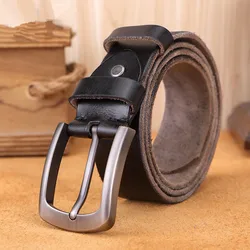 Men's Authentic Cowhide Leather Belt with Distinctive Metal Buckle and Unique Texture - 125cm (Black)