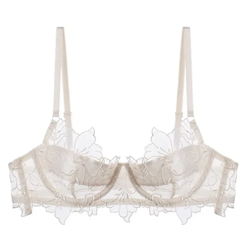 Women Solid Sexy Lace Thin Unlined Bra Sheer Push Up Bra Female Lingerie Romantic Bow Decor Scallop Trim Elegant Underwear