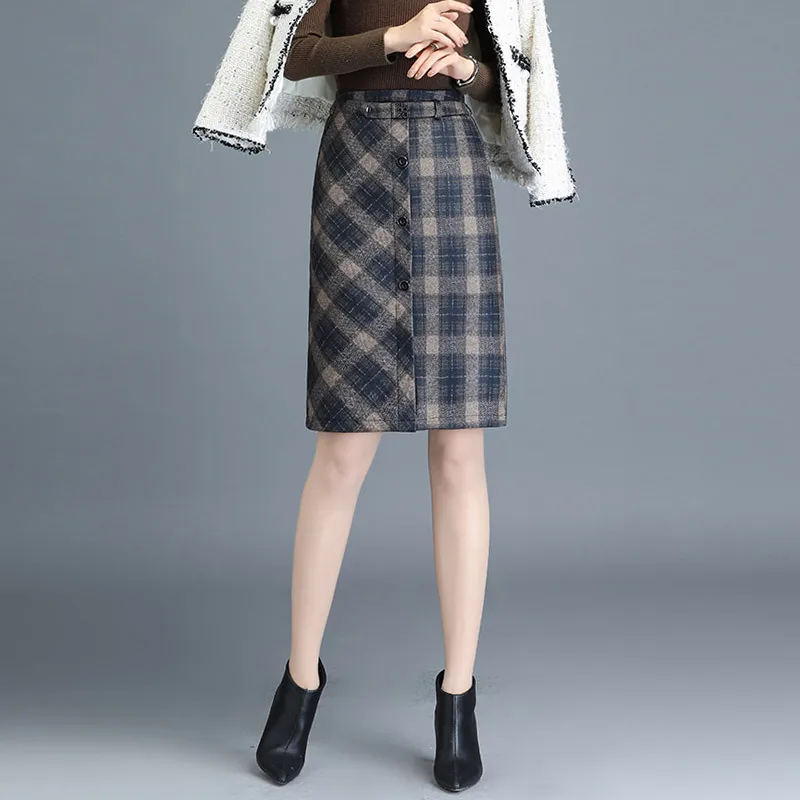 

Plaid Spliced High Waist Bodycon Pencil Skirt Women Fall Winter Vintage Elegant Slim Casual Knee-length Skirts Office Lady 99130