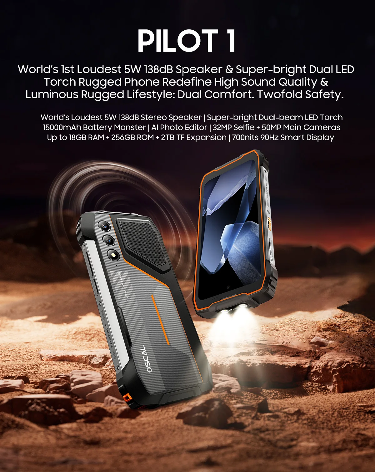 OSCAL Pilot 1 6.67'' Rugged Phone, Gemini AI Android 14 Waterproof Outdoor Phone 6GB+256GB, Octa Core, 15000mAh (33W), Dual 4G