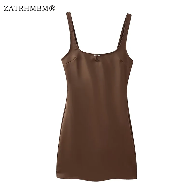 

ZATRHMBM Women 2024 Spring New Fashion Satin Mini Dress Vintage Sleeveless Sexy Backless Female Dresses Vestidos Mujer
