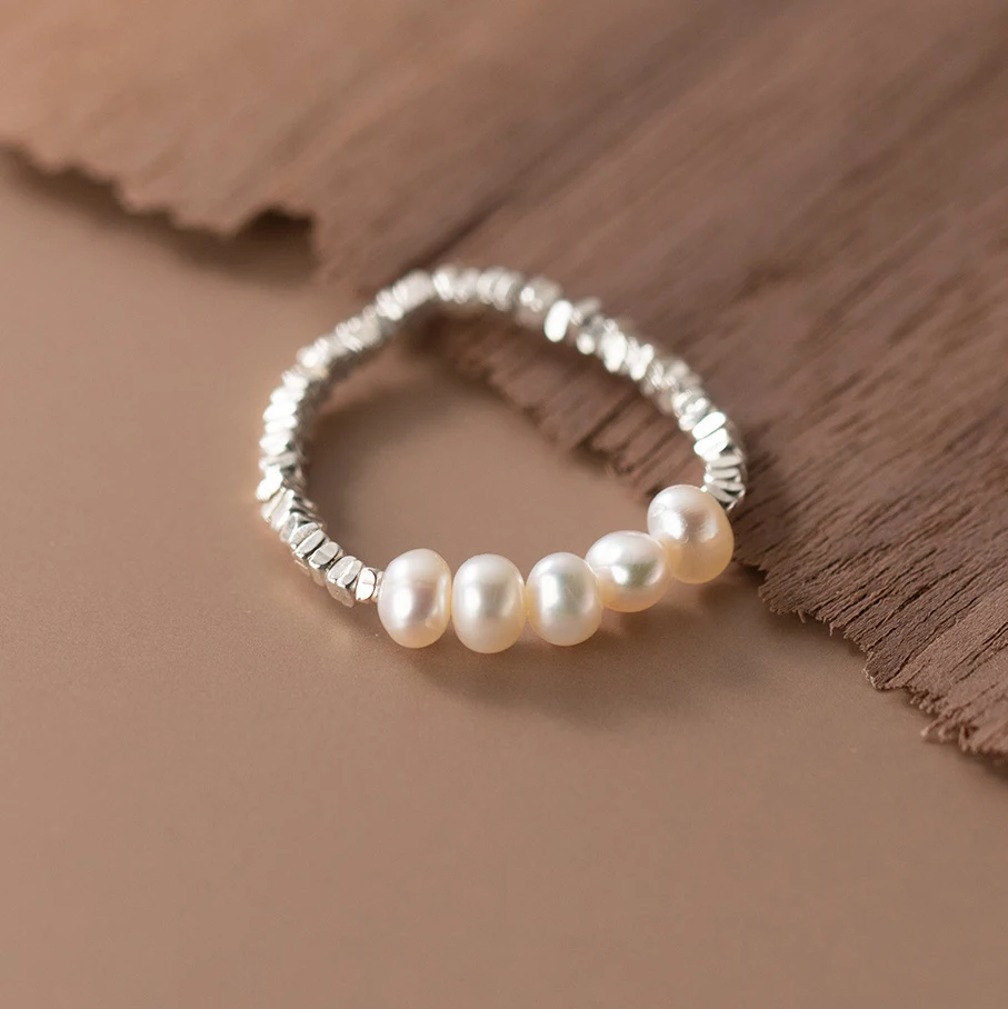 Silver Ring Real 925 Sterling Pearl Adjustable For Women Classic Fine Jewelry Minimalist Accessories