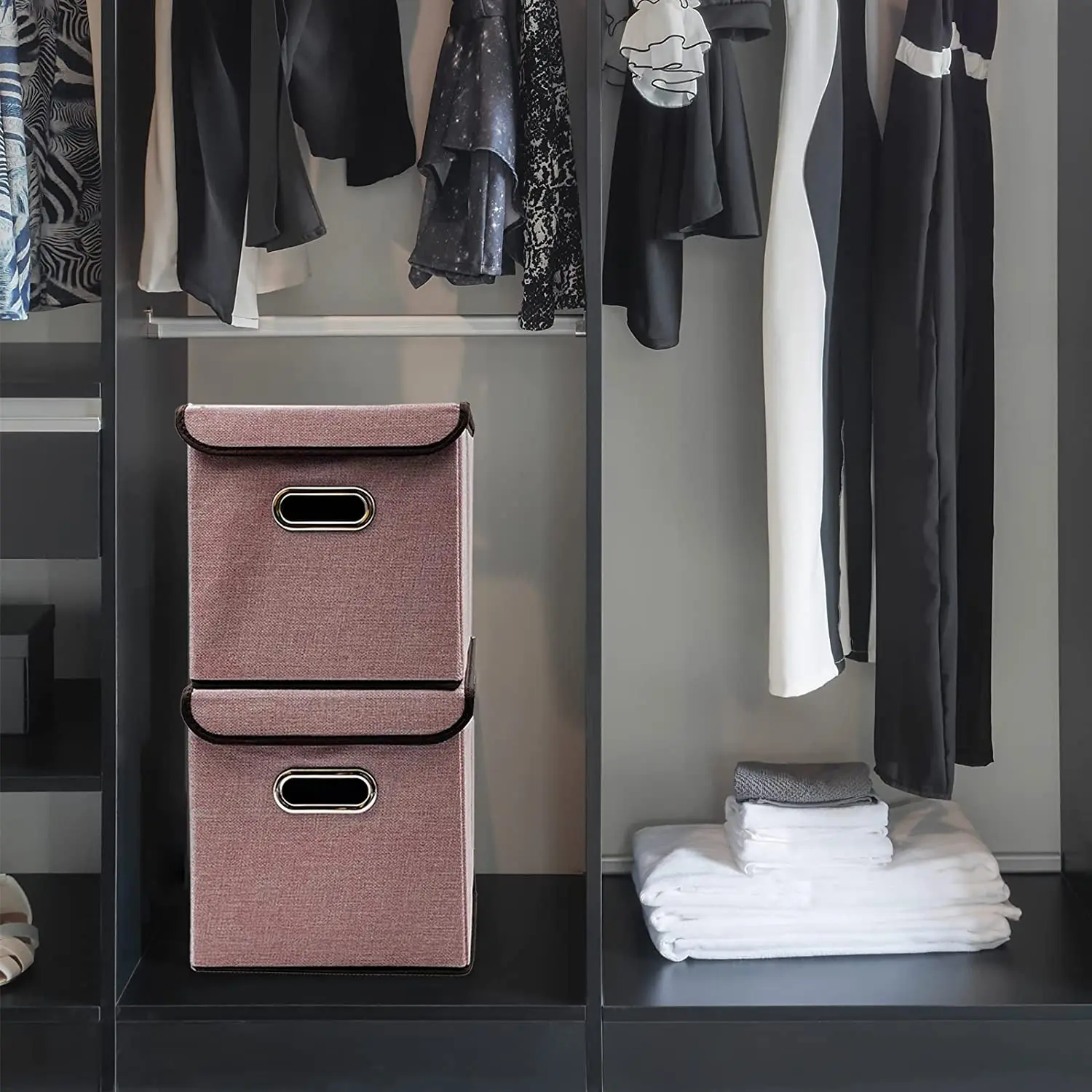 2Pcs Collapsible Storage Bins with Lid 25*25cm Linen Fabric Storage Baskets Washable Decorative Storage Box 6