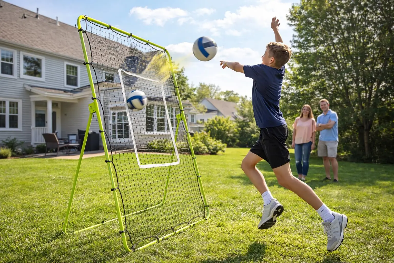 210 x 120 cm Volleyball-Rückprallnetz – Verstellbares Rückprallnetz für Volleyballtraining, Mehrfachwinkel, Faltbar, Bodenbefestigung – Detail 11