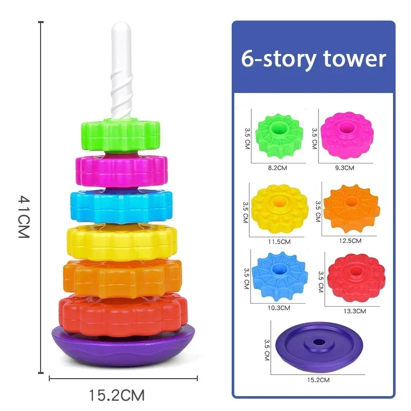 Baby Stackable Tower Rotating Rainbow Tower Montessori Educational Toys for Kids Toddler Toys Baby Development Toys Games Toy 6