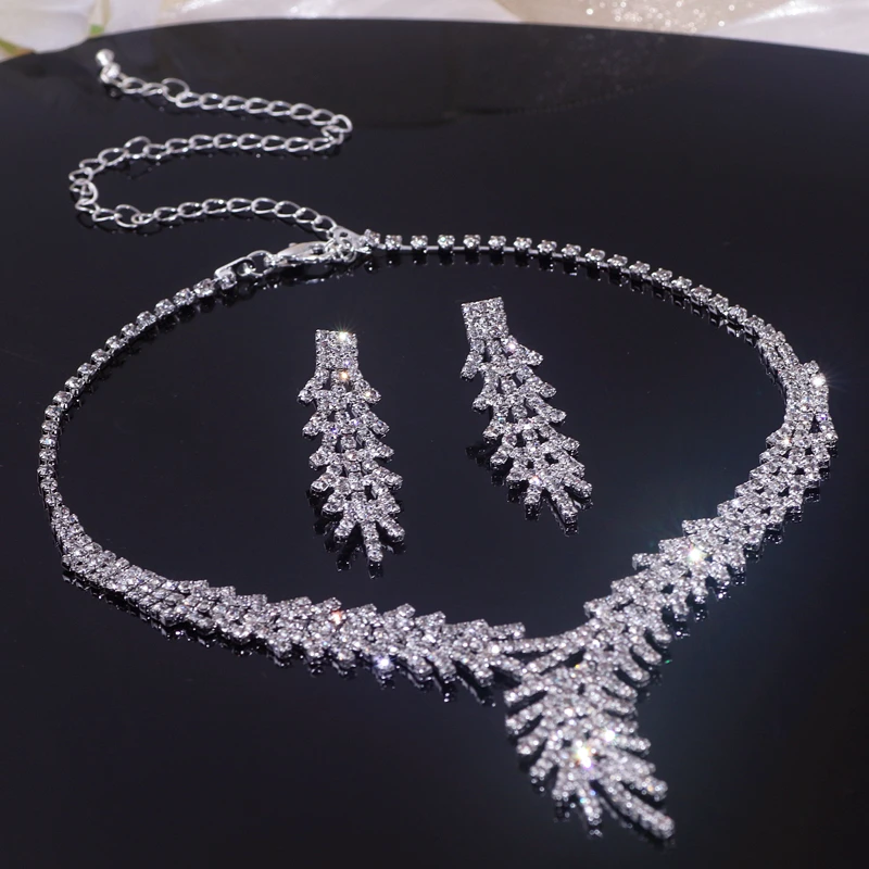 New Fashion Silver Color Rhinestone Crystal Bridal Jewelry Set Feather Shape Necklace Earrings Romantic Wedding Jewelry Gifts