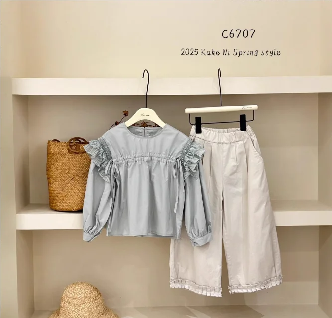 여아용 한국 스타일 러플 셔츠, 풀 슬리브 코튼 패션, 용수철 여아 블라우스, 4-9t G107, 2025