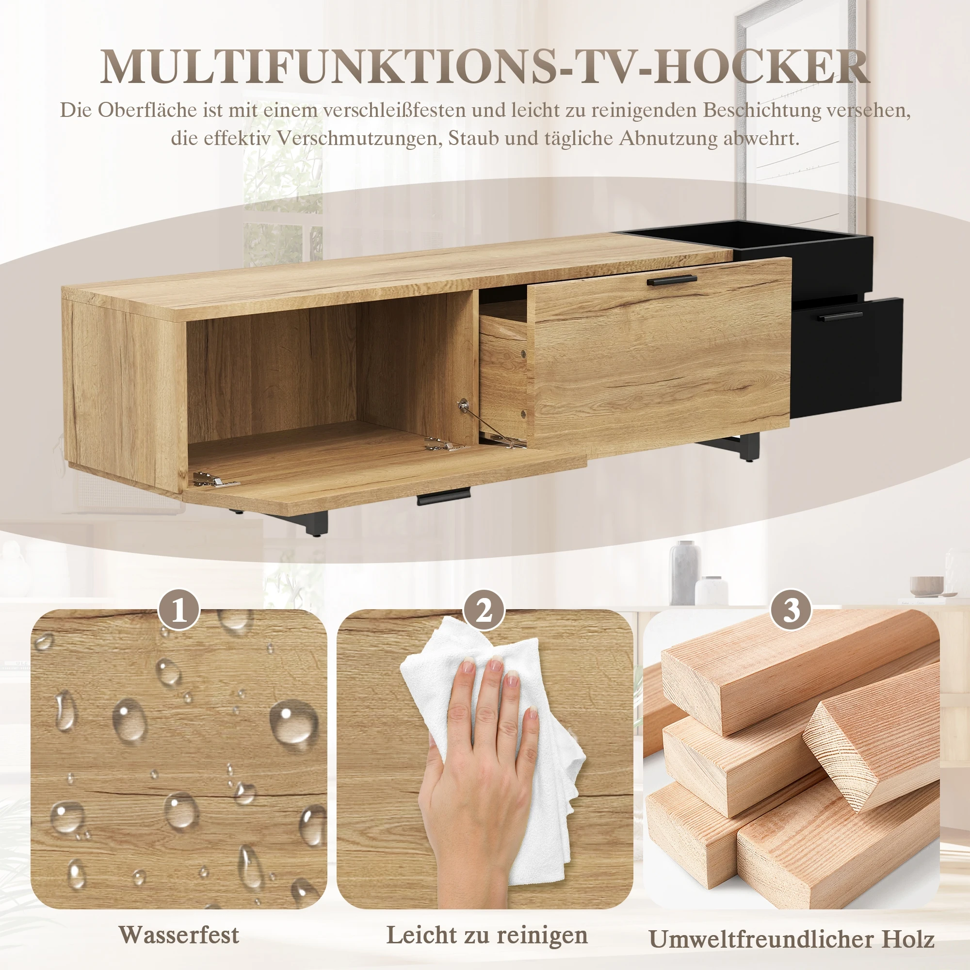 LVHOM Moderner TV-Ständer aus Holz mit LED-Beleuchtung, Schubladen, offenen Fächern und geschlossenem Stauraum, Medienkonsole für das Wohnzimmer, 180×38×49 cm – Detail 2