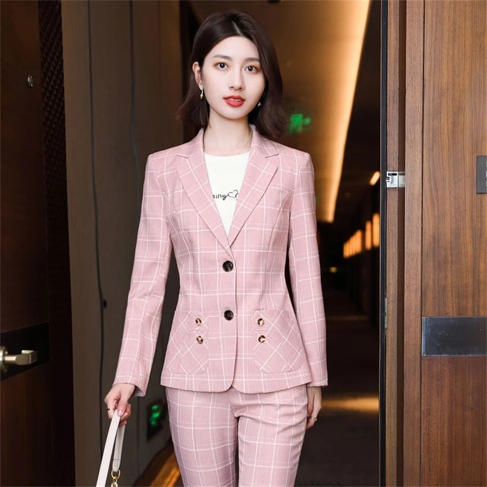 Chic Plaid Women's Formal Pants Set 2023 New in Female Casual Business 2 Piece Set Elegant Office Lady Blazer Suit with Trousers