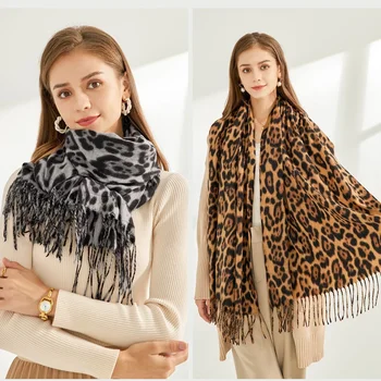 Leopard Printed Cashmere Shawl Scarf For Womman Warm Tassel Shawls Fashion Long Wraps Thicken Pashmina Scarves Female Wraps