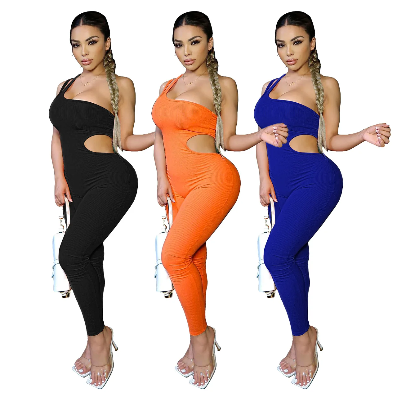 Casaul Women Jumpsuit One Shoulder Cut Out Streetwear Playsuit Solid Color Long Romper Women Jumpsuit Overalls