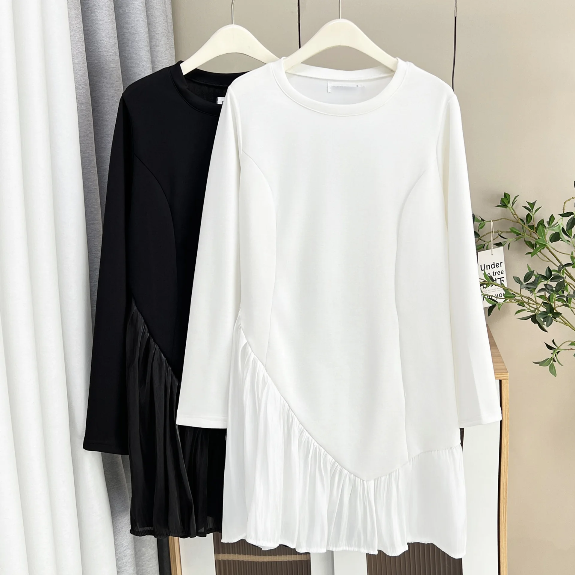 XXXXL Fashion Plus Size Women's Dresses Autumn Long Sleeved Modal Patchwork Satin Bottom Layer Dress