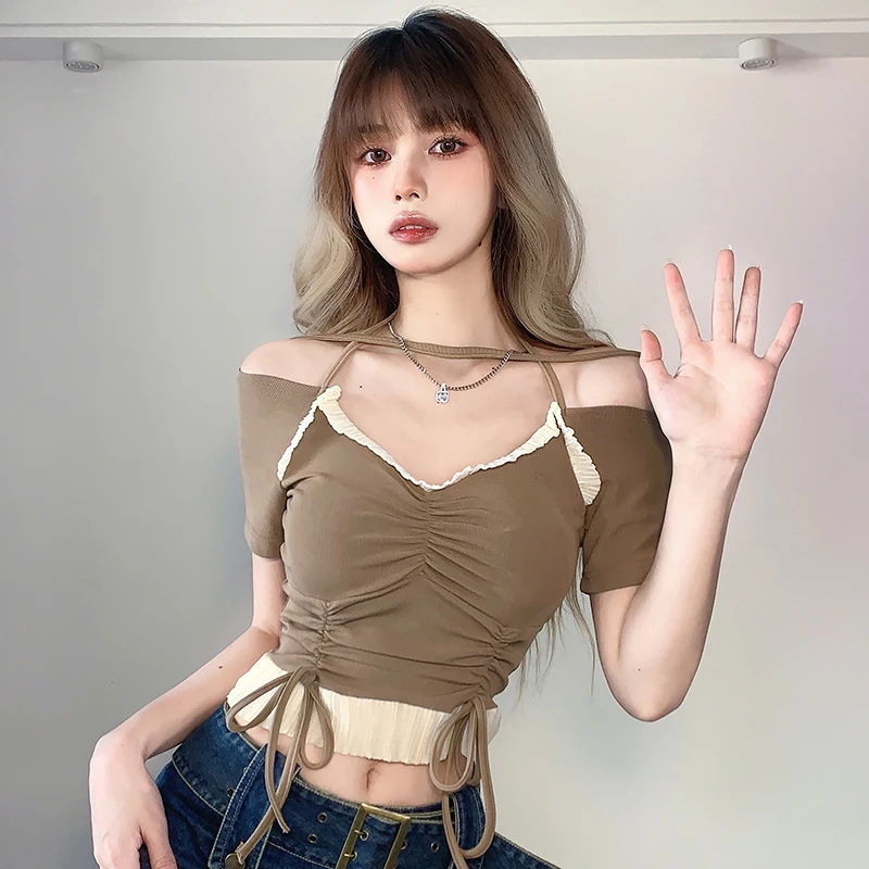 Lace Patchwork Cute Sexy Girls Crop Tops Women New Fashion Halter T-shirt  Female Aesthetic Clothes Dropshipping Cheap Wholesale - T-shirts -  AliExpress