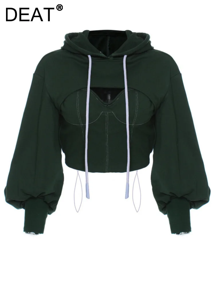

DEAT Fashion Women Pullovers Hooded Batwing Sleeve Drawstring High Waist Hollow Out Fake 2 Pcs Hoodies 2023 Autumn New 17A7337