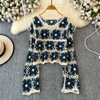 Daisy Crochet Knit Sweater Long Sleeve Sheer Open-knit Crop Knit Top Pullover for Women Teen-girl Fall Winter Boho Beach Outfit - Image 3