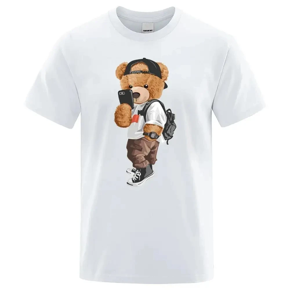 

Teddy Bear Taking Your Photo T Shirt Cartoon Graphic Print T Shirt Fashion Casual Crew Neck Plus Size Short Sleeve T Shirt Women